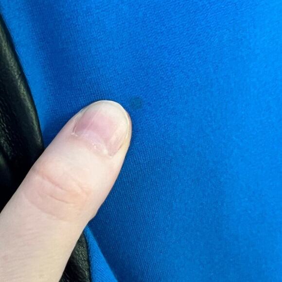 Diane Von Furstenberg Women's 12 Dress Blue Pele Leather Panel Mini Bodycon FLAW - Picture 9 of 16